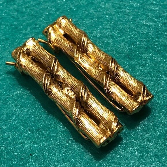 Vintage Gold Tone Bamboo Design Pinch Wire Hair Barrettes (2) - Picture 6 of 11